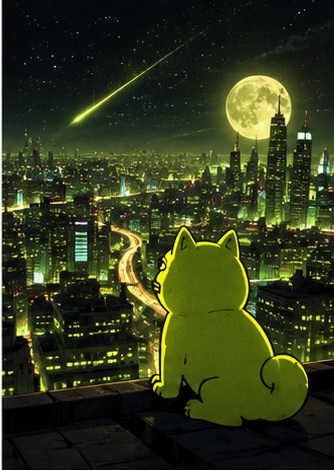Mascot overlooking a neon city